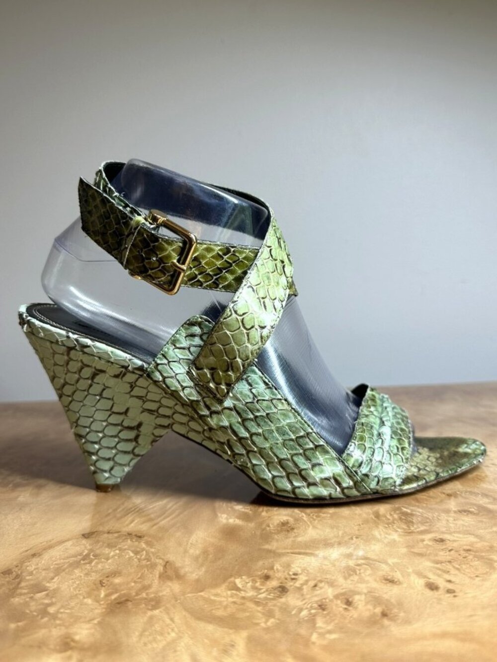 Derek Lam Green Snakeskin Print Leather Wedge Sandals Ankle Strap Heels Size 10B